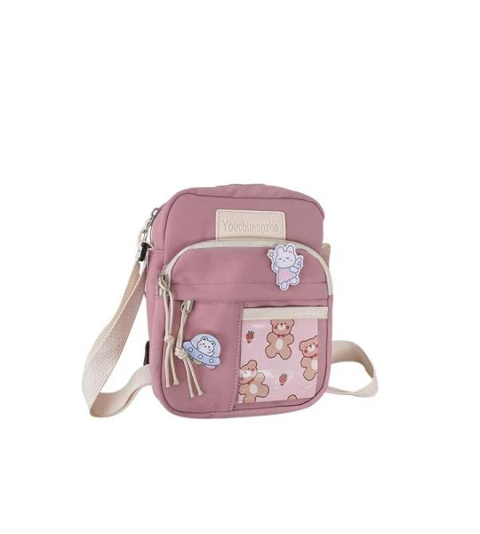 PORRASSO Schattige schoudertas voor meisjes, schoudertas met poppen-hanger, nylon, schoolraken, messengertas, crossbody tas voor reizen, dagelijks gebruik, roze A