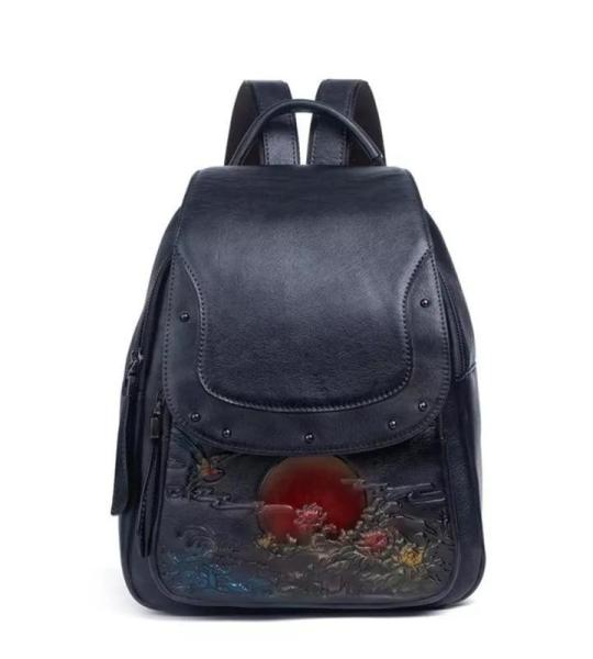 Vintage reliëf damesrugzak van echt leer, boekentas, zacht rundleer, rugzakken voor school, tieners, meisjes (A, eenheidsmaat)