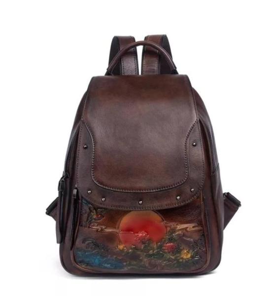 Vintage reliëf damesrugzak van echt leer, boekentas, zacht rundleer, rugzakken voor school, tieners, meisjes (B, eenheidsmaat)
