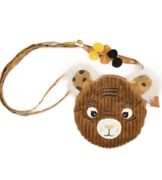 Les Deglingos – Handtasche für Kinder, mit Schultertasche, Motiv Tiger, Cassonade, weicher Stoff, Geschenkidee – 18 cm, braun, 1 Unité (Lot de 1)