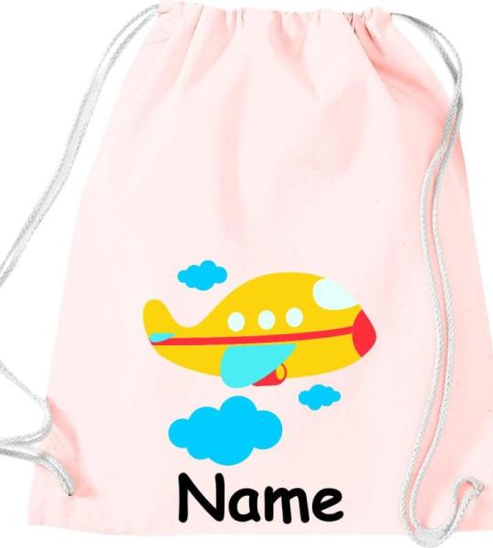 Shirtinstyle Gymtas, vliegtuig met gewenste naam, kinderen, stoffen tas, kinderrugzak, jute, gymtas,