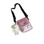 Kawaii Schoudertas voor meisjes, schattig canvas, schattige messenger satchel met bunny-sticker en beer-hanger, adrette stijl, dameshandtas, portemonnee, roze
