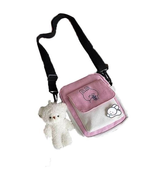 Kawaii Schoudertas voor meisjes, schattig canvas, schattige messenger satchel met bunny-sticker en beer-hanger, adrette stijl, dameshandtas, portemonnee, roze