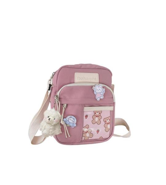 PORRASSO Schattige schoudertas voor meisjes, schoudertas met poppen-hanger, nylon, schoolraken, messengertas, crossbody tas voor reizen, dagelijks gebruik, roze B, Messenger