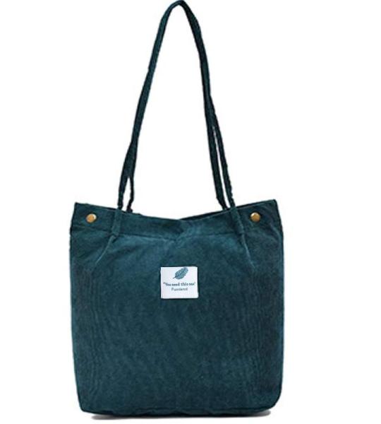 Schoudertas voor dames, grote corduroy tas, handtas, shopper, hengseltas voor universiteit, werk, meisjes, school, bruin, A-groen, 40 x 35 x 11 cm, casual tote