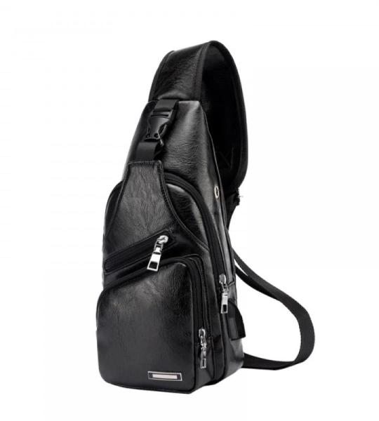 DONGKER Sling Crossbody Bag voor heren, PU-leer, borsttas, schoudertas, reistas met USB-aansluiting voor casual, outdoor, wandelen, reizen