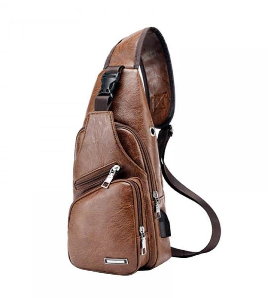 DONGKER Sling Crossbody Bag voor heren, PU-leer, borsttas, schoudertas, reistas met USB-aansluiting voor casual, outdoor, wandelen, reizen
