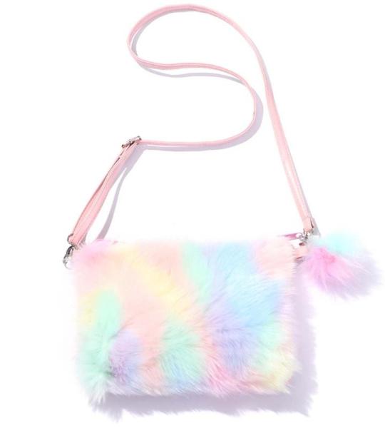Pluche handtassen kinderen regenboog pluche crossbody schouder meisjes verstelbare schoudertassen kleine pluche tas mobiele telefoon sieradentas voor kinderen, meisjes vrouwen, reg