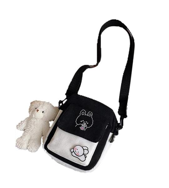 Kawaii Schoudertas voor meisjes, schattig canvas, schattige messenger satchel met bunny-sticker en beer-hanger, adrette stijl, dameshandtas, portemonnee, zwart