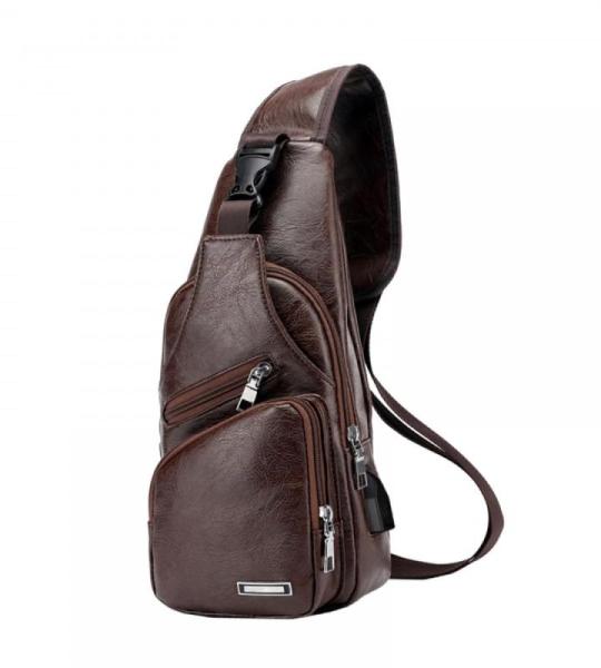 DONGKER Sling Crossbody Bag voor heren, PU-leer, borsttas, schoudertas, reistas met USB-aansluiting voor casual, outdoor, wandelen, reizen