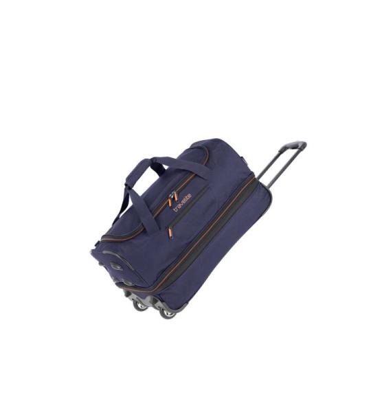 Travelite Basics Rolkoffer met 2 wielen, maat S met stretchplooi, zachte reistas met wielen met extra veel volume, marine/oranje, 55 cm