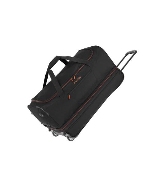 Travelite Basics Rolkoffer met 2 wielen, maat S met stretchplooi, zachte reistas met wielen met extra veel volume, zwart/blauw, 70 cm