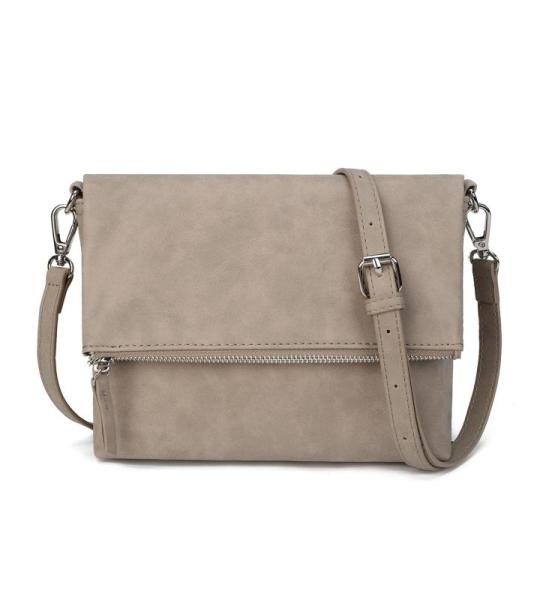 Schoudertas voor dames, schoudertas met ritssluiting, crossbody tas, leren handtas, klein, dagrugzak, taupe, Gestructureerde schoudertas