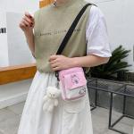 Kawaii Schoudertas voor meisjes, schattig canvas, schattige messenger satchel met bunny-sticker en beer-hanger, adrette stijl, dameshandtas, portemonnee, zwart