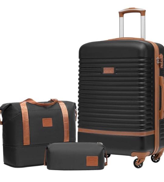 COOLIFE Koffer trolley koffer reiskoffer van ABS harde schaal trolley 4 wielen TSA-slot De koffer bevat 1 reistas en 1 toilettas, zwart/bruin, Koffer Trolley Koffer Reiskoffer van 