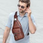 Sling tas voor heren, leren borsttas, waterdichte , casual lichte tas, mobiele telefoontas, crossbody tas voor wandelen, fietsen, kamperen, donkerbruin