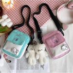 Kawaii Schoudertas voor meisjes, schattig canvas, schattige messenger satchel met bunny-sticker en beer-hanger, adrette stijl, dameshandtas, portemonnee, roze