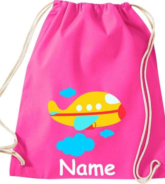 Shirtinstyle Gymtas, vliegtuig met gewenste naam, kinderen, stoffen tas, kinderrugzak, jute, gymtas,