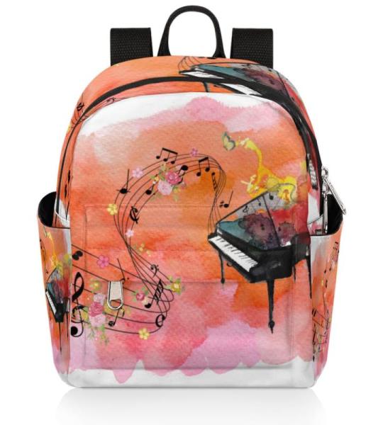 TropicalLife Rucksack mit Blumenmusiknoten, Klavier-Rucksack für Damen, Kinder, Mädchen, niedlicher kleiner Rucksack, lässige Schultertasche, Tagesrucksack für Schule, Reisen, 