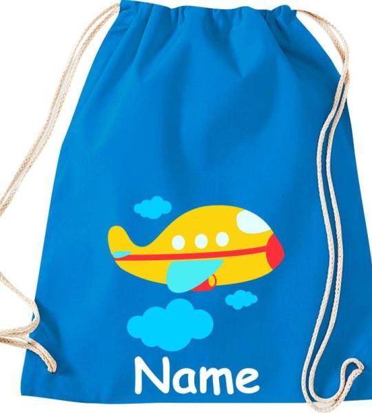 Shirtinstyle Gymtas, vliegtuig met gewenste naam, kinderen, stoffen tas, kinderrugzak, jute, gymtas,