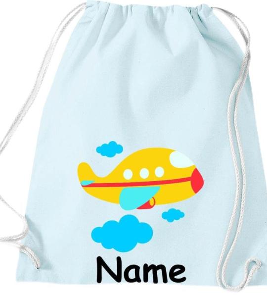 Shirtinstyle Gymtas, vliegtuig met gewenste naam, kinderen, stoffen tas, kinderrugzak, jute, gymtas,