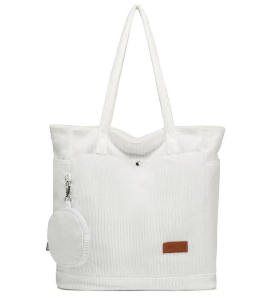 Shoppertas voor dames, met kleingeld, canvas schoudertas met ritssluiting, grote handtas, stof, boodschappentas voor werk en school, onderweg, wit koord, Eén Maat