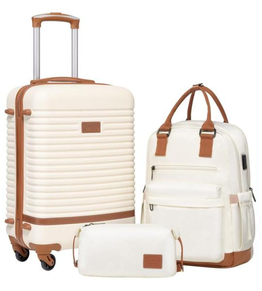 COOLIFE Koffer trolley koffer reiskoffer van ABS hard shell trolley 4 wielen TSA-slot De koffer bevat 1 reisrugzak en 1 toilettas, wit/bruin., Prachtige casual reisset