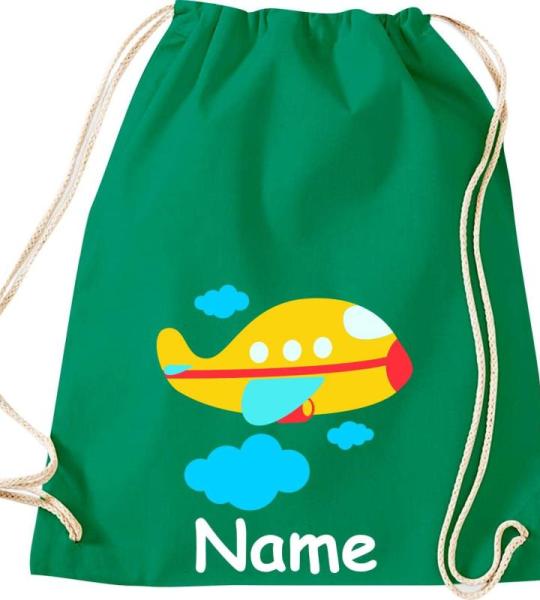 Shirtinstyle Gymtas, vliegtuig met gewenste naam, kinderen, stoffen tas, kinderrugzak, jute, gymtas,