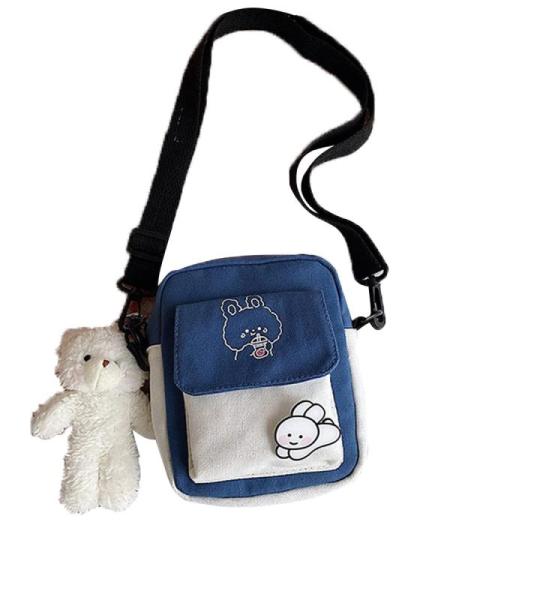 Kawaii Schoudertas voor meisjes, schattig canvas, schattige messenger satchel met bunny-sticker en beer-hanger, adrette stijl, dameshandtas, portemonnee, wit