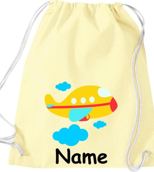 Shirtinstyle Gymtas, vliegtuig met gewenste naam, kinderen, stoffen tas, kinderrugzak, jute, gymtas,