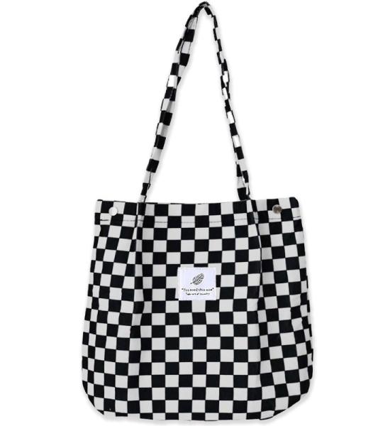 Grote schoudertas voor dames, corduroy schoudertas, strandtas, crossbody tas, shopper, tote bag, boodschappentas, handtas, shopper voor winkelen, school, schaakbordpatroon, Black &