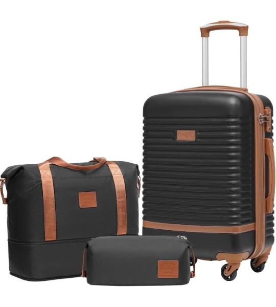 COOLIFE Koffer trolley koffer reiskoffer van ABS harde schaal trolley 4 wielen TSA-slot De koffer bevat 1 reistas en 1 toilettas, zwart/bruin, Vrijetijdsreis