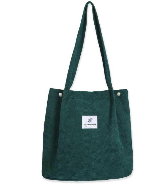 Grote schoudertas voor dames, corduroy schoudertas, strandtas, crossbody tas, shopper, tote bag, boodschappentas, handtas, shopper voor werk, winkelen, school, donkergroen, 35.5 x 