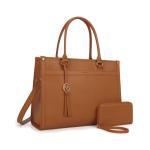 Handtas dames laptoptas 15,6 inch shopper grote hengseltas aktetas dames lederen schoudertas zakelijke tas 2-delige set, bruin