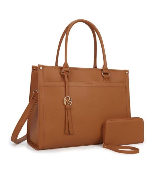 Handtas dames laptoptas 15,6 inch shopper grote hengseltas aktetas dames lederen schoudertas zakelijke tas 2-delige set, bruin