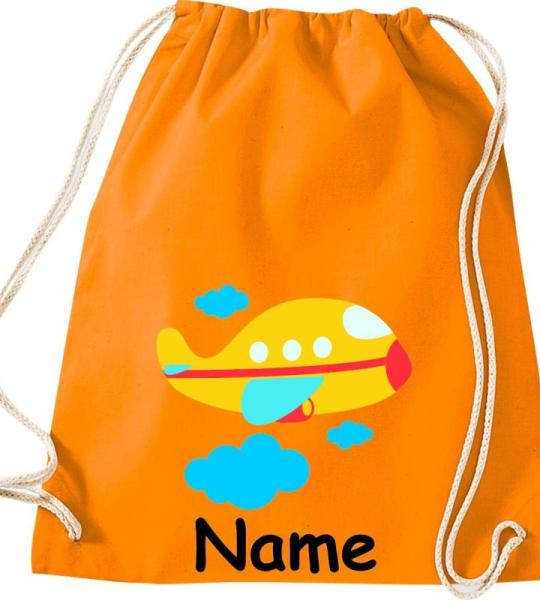 Shirtinstyle Gymtas, vliegtuig met gewenste naam, kinderen, stoffen tas, kinderrugzak, jute, gymtas,