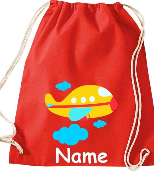 Shirtinstyle Gymtas, vliegtuig met gewenste naam, kinderen, stoffen tas, kinderrugzak, jute, gymtas,