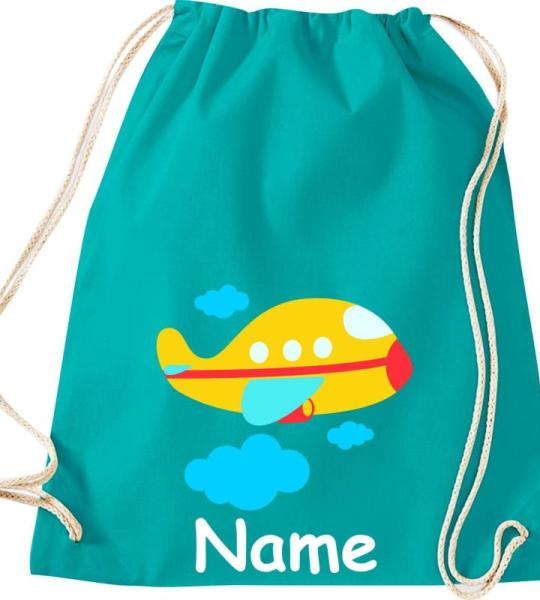 Shirtinstyle Gymtas, vliegtuig met gewenste naam, kinderen, stoffen tas, kinderrugzak, jute, gymtas,