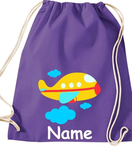Shirtinstyle Gymtas, vliegtuig met gewenste naam, kinderen, stoffen tas, kinderrugzak, jute, gymtas,