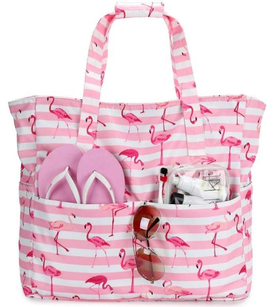 Grote strandtas voor dames, schoudertas, handtas, waterdicht, zanddicht met ritssluiting, voor zwembad, fitnessstudio, reizen, met zak voor natte spullen., roze flamingo