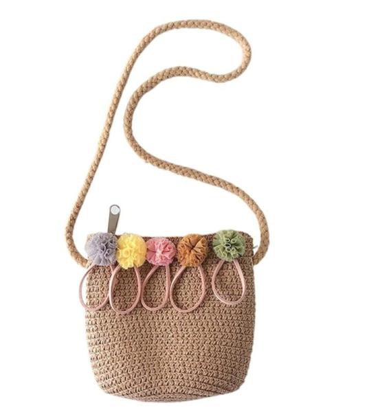 FJZFXKZL Strandtas, stro, handgemaakte zomer, kinderen, meisjes, schoudertas, bloemen, strotas, messengertas, kinderen, sleutel, muntzuip, mini handtas