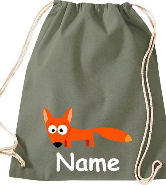 Shirtinstyle Gymtas, dierenvos met wensnaam, kinderen, stoffen tas, kinderrugzak, jute, gymtas,