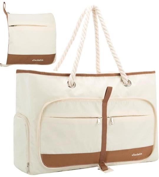 Vinstatin Grote strandtas voor dames, lichte veelzijdige shopper met ritssluiting, waterdichte zwemtas, draagtas, saunatas, tote bag voor strand, reizen, familie, wit