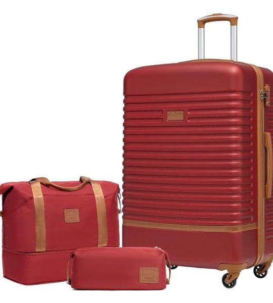 COOLIFE Koffer trolley koffer reiskoffer van ABS hard shell trolley 4 wielen TSA-slot de koffer bevat 1 reistas en 1 toilettas, rood/bruin., koffer