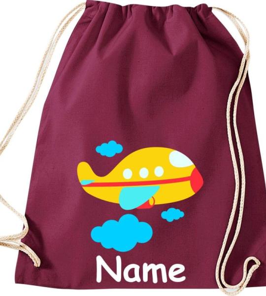 Shirtinstyle Gymtas, vliegtuig met gewenste naam, kinderen, stoffen tas, kinderrugzak, jute, gymtas,