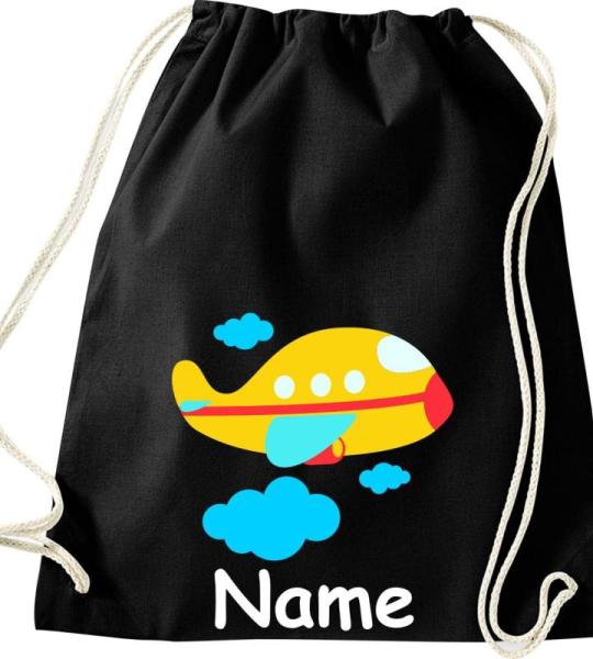 Shirtinstyle Gymtas, vliegtuig met gewenste naam, kinderen, stoffen tas, kinderrugzak, jute, gymtas,