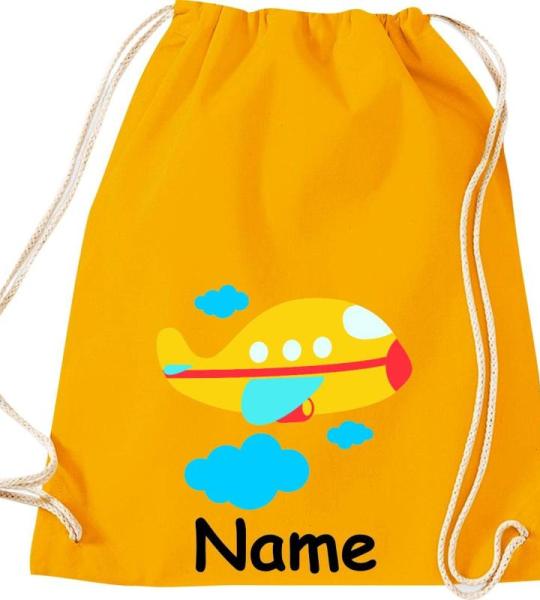 Shirtinstyle Gymtas, vliegtuig met gewenste naam, kinderen, stoffen tas, kinderrugzak, jute, gymtas,
