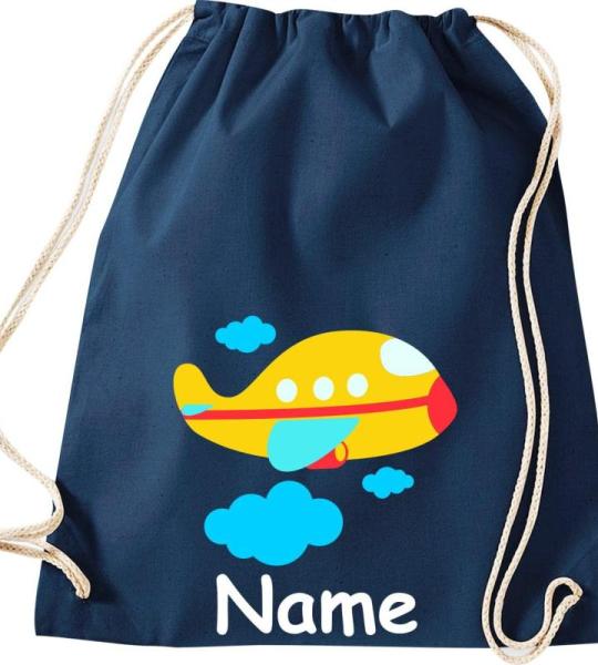 Shirtinstyle Gymtas, vliegtuig met gewenste naam, kinderen, stoffen tas, kinderrugzak, jute, gymtas,