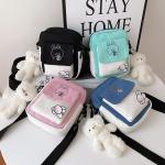 Kawaii Schoudertas voor meisjes, schattig canvas, schattige messenger satchel met bunny-sticker en beer-hanger, adrette stijl, dameshandtas, portemonnee, roze