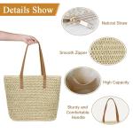 Schoudertas van stro voor vrouwen, strandtas, grote handtas met rits, Boheemse zomer handheld schoudertas voor outdoor, reizen en strand, Gebroken wit 2